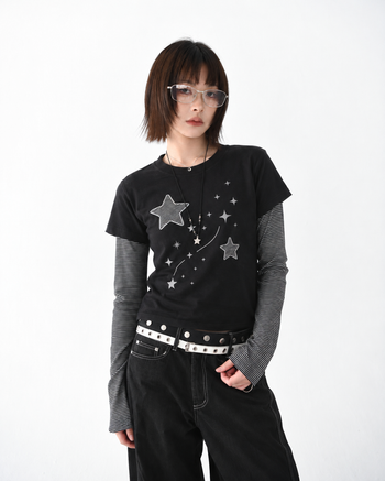T-S141 正韓假兩件星星條紋長袖