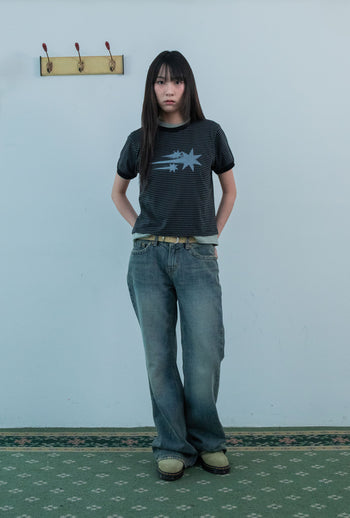 NICEGHOSTCLUB - STRIPE RUSH 3STAR RINGER CROP TEE 條紋短版T恤 [黑色] T-N226