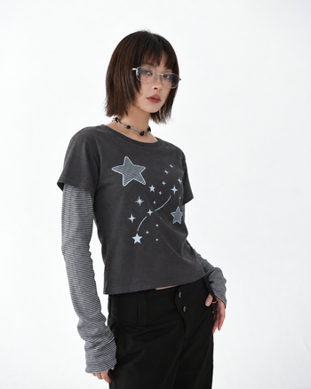 T-S141 正韓假兩件星星條紋長袖