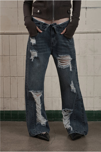 AS YOU ARE -  FOLDED DAMAGE LOOSE DENIM PANTS(深藍)  P-A248