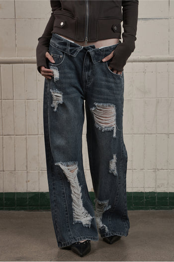 AS YOU ARE -  FOLDED DAMAGE LOOSE DENIM PANTS(深藍)  P-A248