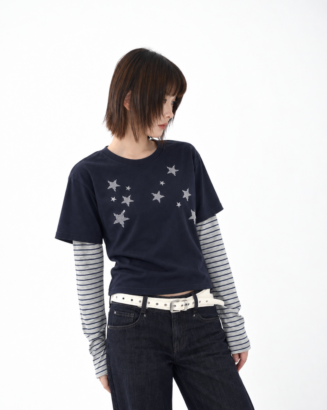 T-S192 條紋假兩件波點滿天星長袖