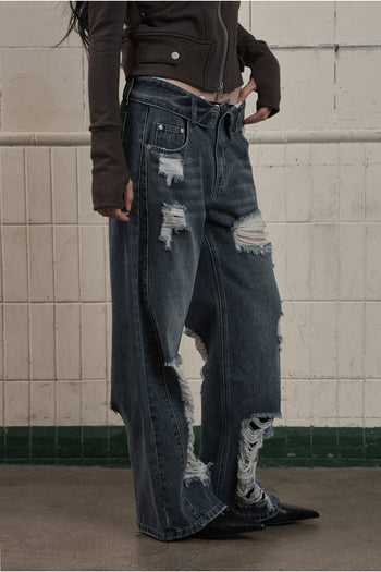 AS YOU ARE -  FOLDED DAMAGE LOOSE DENIM PANTS(深藍)  P-A248