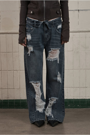 AS YOU ARE -  FOLDED DAMAGE LOOSE DENIM PANTS(深藍)  P-A248