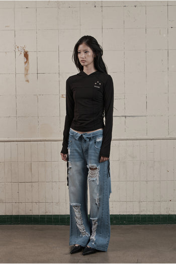 AS YOU ARE - SLIM PANEL HOOD LONG SLEEVE (黑色) T-A1140
