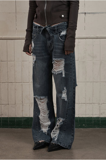 AS YOU ARE -  FOLDED DAMAGE LOOSE DENIM PANTS(深藍)  P-A248