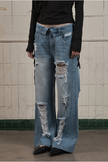 AS YOU ARE -  FOLDED DAMAGE LOOSE DENIM PANTS(淺藍)  P-A248