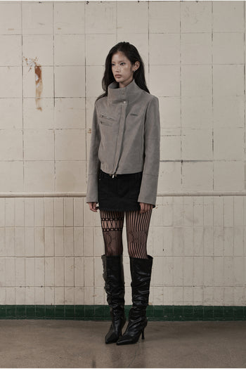 AS YOU ARE - HIGH-NECK BIKER LEATHER JACKET(炭灰) J-A111