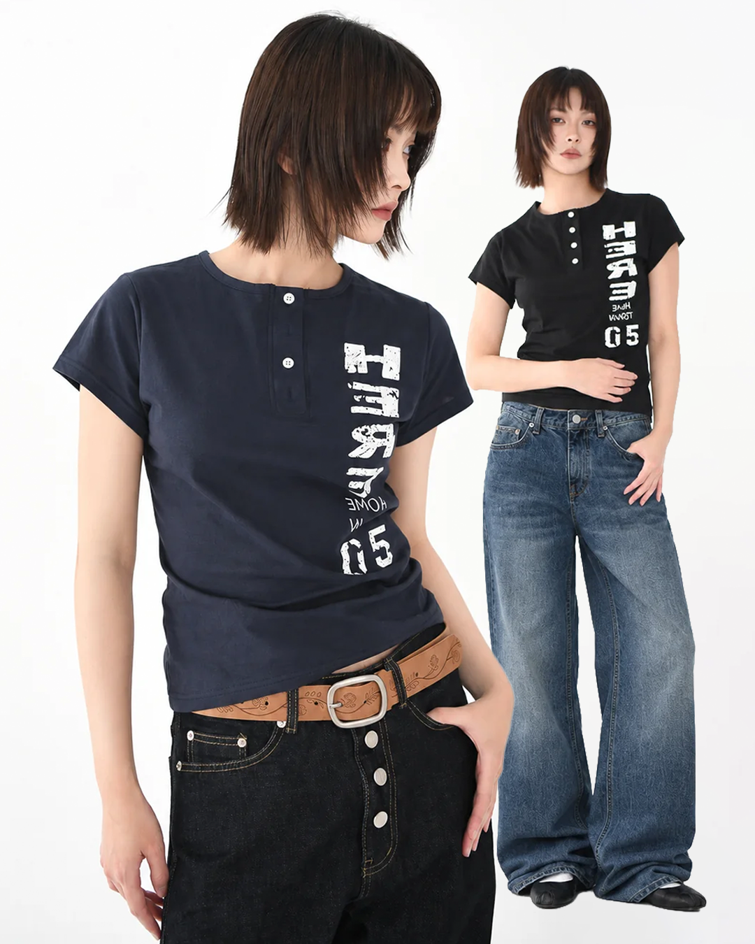 正韓亨利領修身短T-Shirt T-K1102