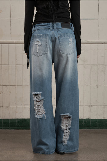 AS YOU ARE -  FOLDED DAMAGE LOOSE DENIM PANTS(淺藍)  P-A248