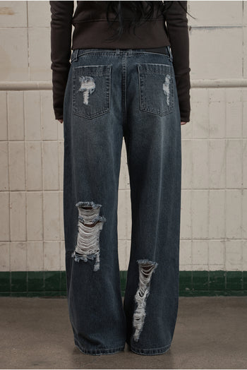 AS YOU ARE -  FOLDED DAMAGE LOOSE DENIM PANTS(深藍)  P-A248