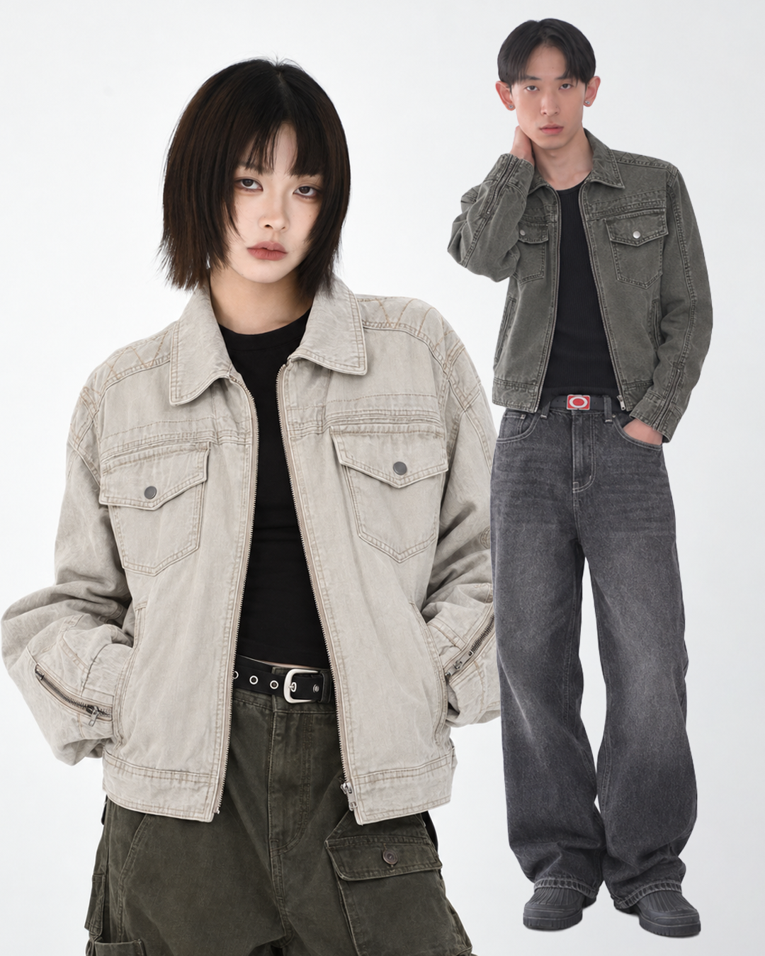 水洗解構短款翻領工裝夾克外套  J-A121