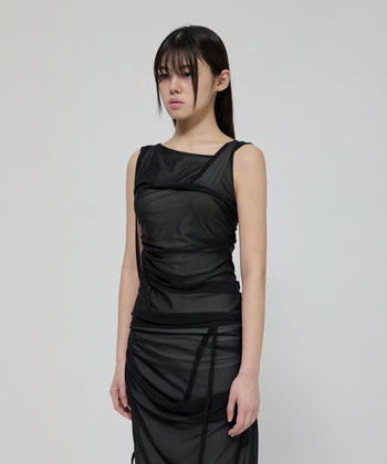 FLARE UP - Draped Mesh Layered Sleeveless  垂褶網紗層疊無袖上衣 T-F1095 (黑色)