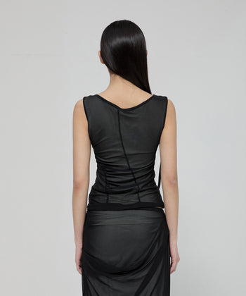 FLARE UP - Draped Mesh Layered Sleeveless  垂褶網紗層疊無袖上衣 T-F1095 (黑色)
