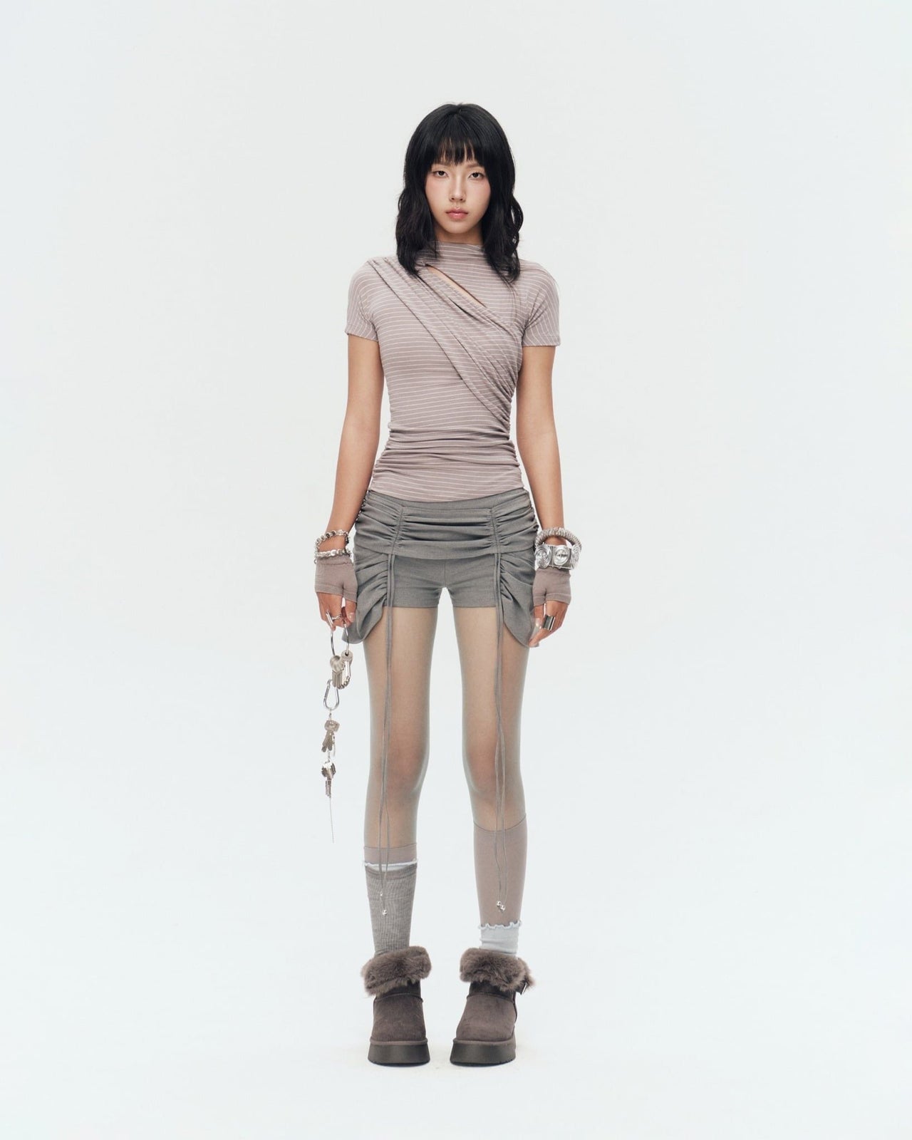 BUNNYHILL -  MONTY TOP 斜片抓皺條紋上衣 (GREY STRIPES)  T-B166