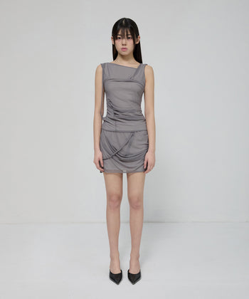 FLARE UP - Draped Mesh Layered Sleeveless  垂褶網紗層疊無袖上衣 T-F1095 (灰色)