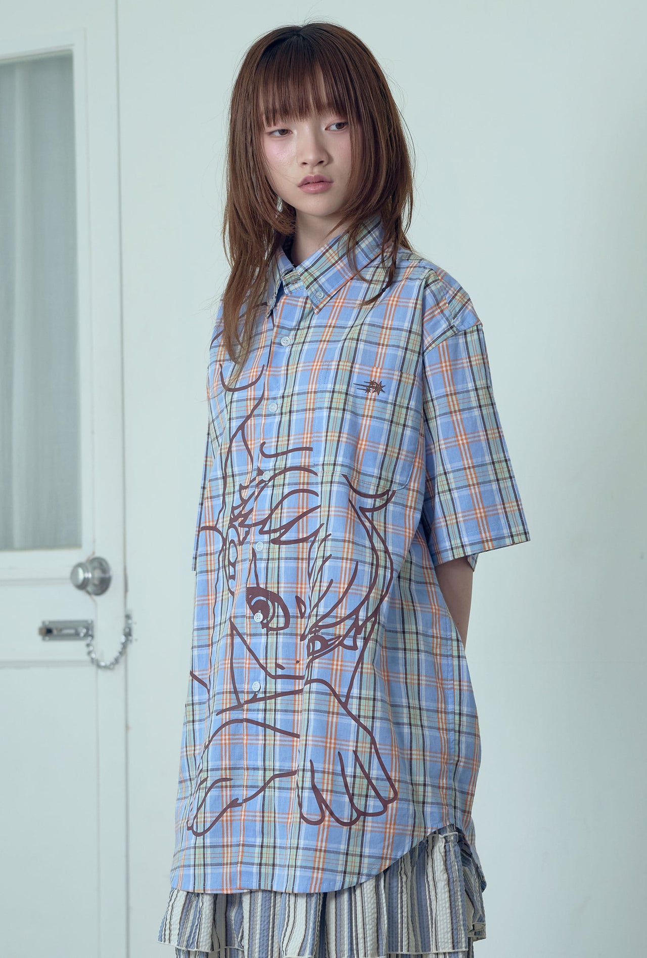 NICEGHOSTCLUB angel check big big half shirt 天使格紋大半身襯衫 (藍色) T-N214