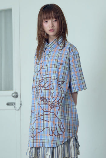 NICEGHOSTCLUB angel check big big half shirt 天使格紋大半身襯衫 (藍色) T-N214