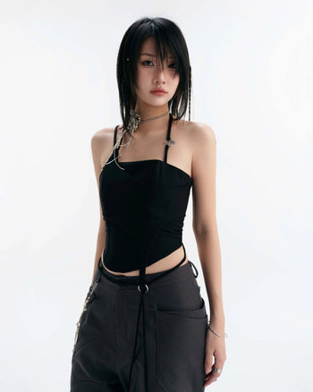 BUNNYHILL -T-B185 LULLABY HALTER TOP 垂墜綁帶平口上衣 黑色