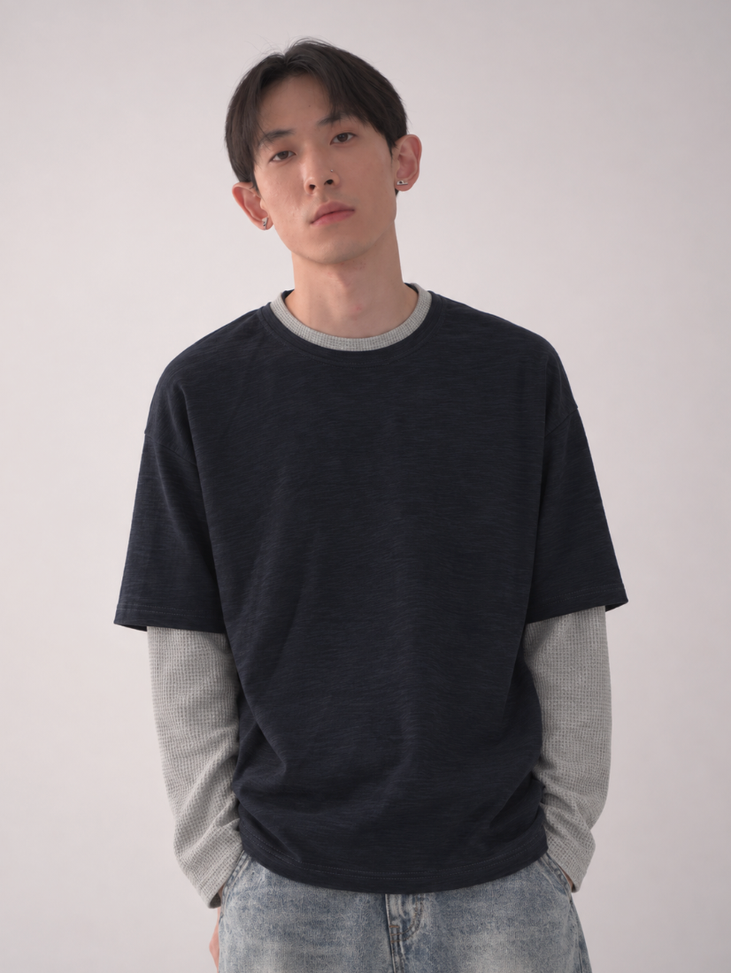 韓系假兩件冬季寬鬆百搭長袖T-W1154