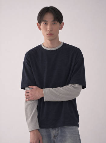 韓系假兩件冬季寬鬆百搭長袖T-W1154