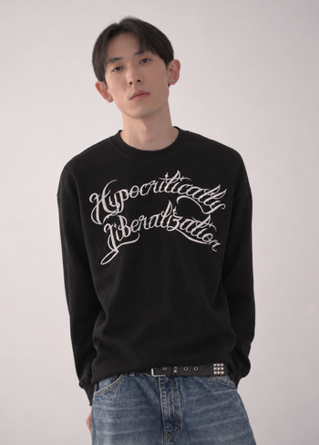 刺繡華夫格短款百搭長袖 T-D1162