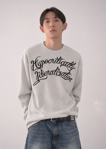 刺繡華夫格短款百搭長袖 T-D1162