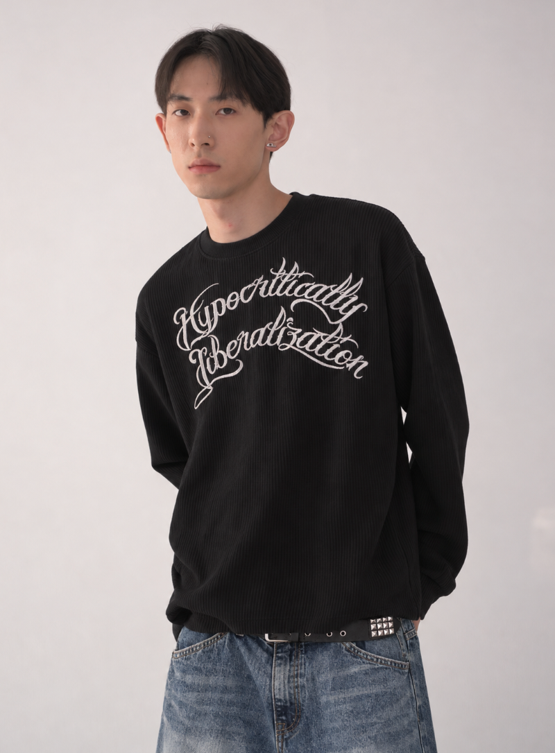 刺繡華夫格短款百搭長袖 T-D1162