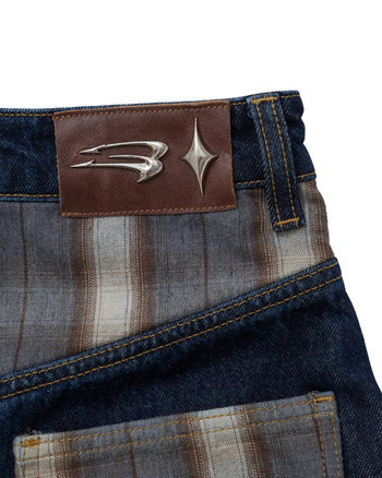 E’TREALOUEST - Flannel-Patchwork Raw Denim Jeans P-R189