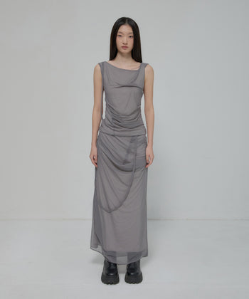 FLARE UP - Draped Mesh Layered Long Skirt 垂褶網紗層疊長裙 P-F210 (灰色)