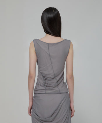 FLARE UP - Draped Mesh Layered Sleeveless  垂褶網紗層疊無袖上衣 T-F1095 (灰色)