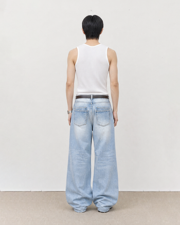 P-K193 正韓雙後袋貓須水洗復古直筒牛仔褲