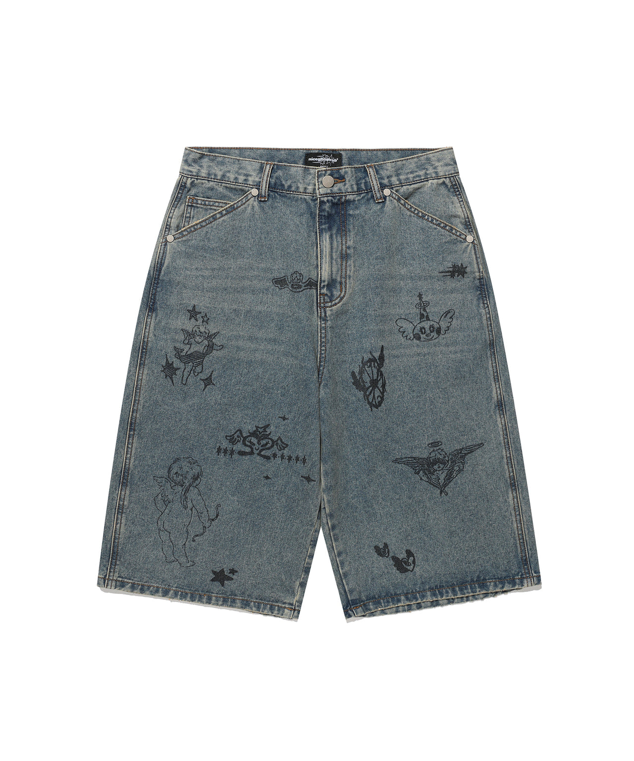 NICEGHOSTCLUB -BIG WIDE BERMUDA DOODLE DENIM PANTS 塗鴉短褲 [藍色] P-N156