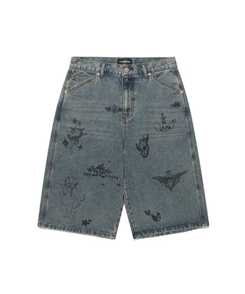 NICEGHOSTCLUB -BIG WIDE BERMUDA DOODLE DENIM PANTS 塗鴉短褲 [藍色] P-N156