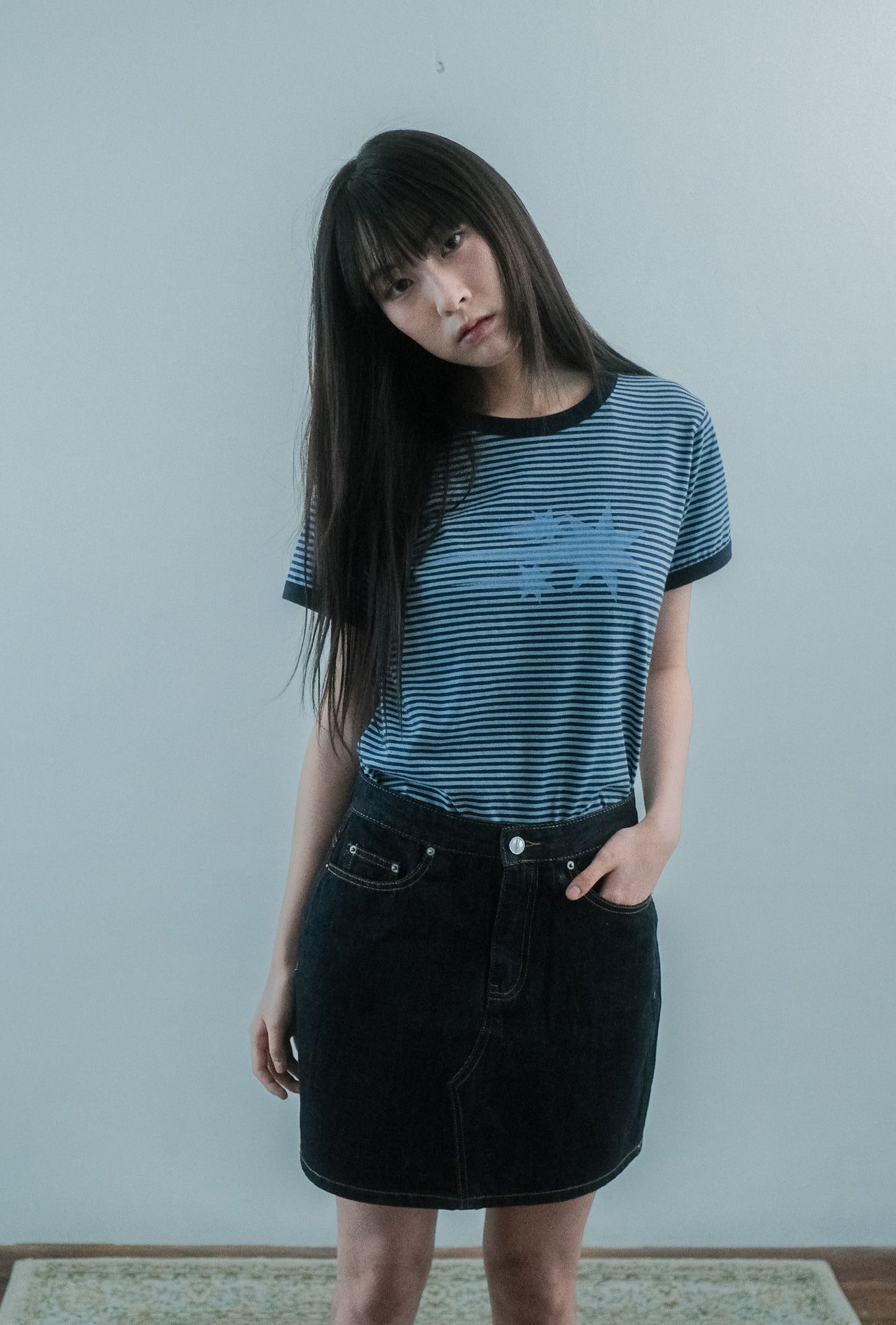 NICEGHOSTCLUB - STRIPE RUSH 3STAR RINGER CROP TEE 條紋短版T恤 [海軍藍] T-N226
