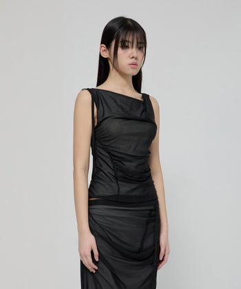 FLARE UP - Draped Mesh Layered Sleeveless  垂褶網紗層疊無袖上衣 T-F1095 (黑色)