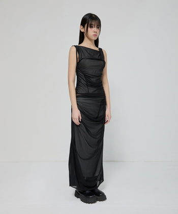 FLARE UP - Draped Mesh Layered Sleeveless  垂褶網紗層疊無袖上衣 T-F1095 (黑色)