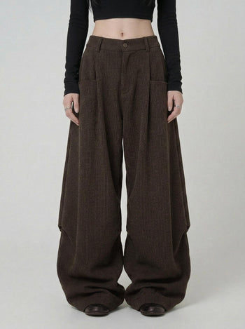 【GUBAN】P-D124 燈芯絨皺摺廓形彎刀長褲