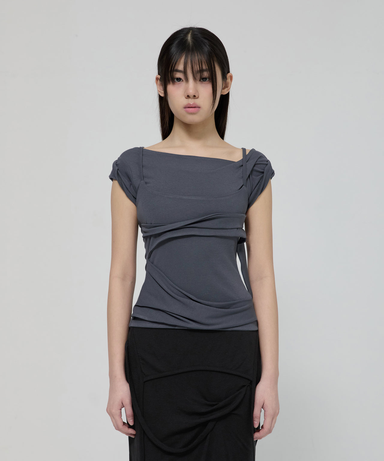 FLARE UP - Layered Bustier T-Shirt 疊層胸衣T卹 T-F1090 (深灰色)