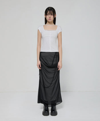FLARE UP - Draped Mesh Layered Long Skirt 垂褶網紗層疊長裙 P-F210 (黑色)