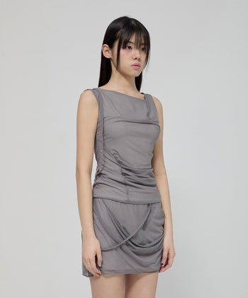 FLARE UP - Draped Mesh Layered Sleeveless  垂褶網紗層疊無袖上衣 T-F1095 (灰色)