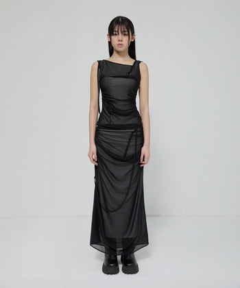 FLARE UP - Draped Mesh Layered Long Skirt 垂褶網紗層疊長裙 P-F210 (黑色)