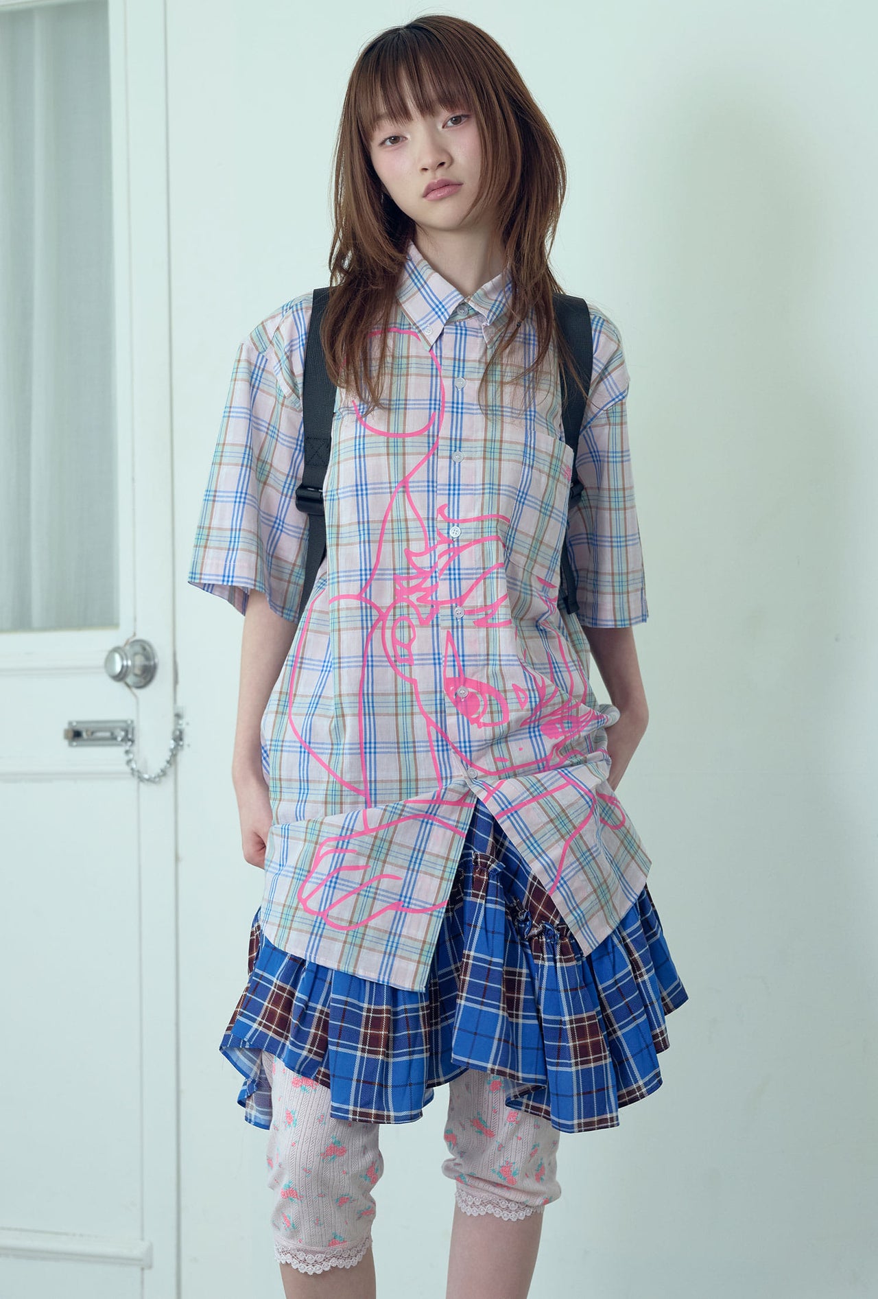 NICEGHOSTCLUB angel check big big half shirt 天使格紋大半身襯衫(粉色) T-N214