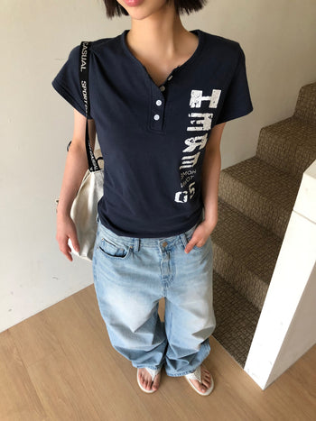 正韓亨利領修身短T-Shirt T-K1102