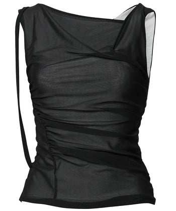 FLARE UP - Draped Mesh Layered Sleeveless  垂褶網紗層疊無袖上衣 T-F1095 (黑色)