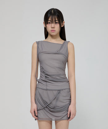 FLARE UP - Draped Mesh Layered Sleeveless  垂褶網紗層疊無袖上衣 T-F1095 (灰色)