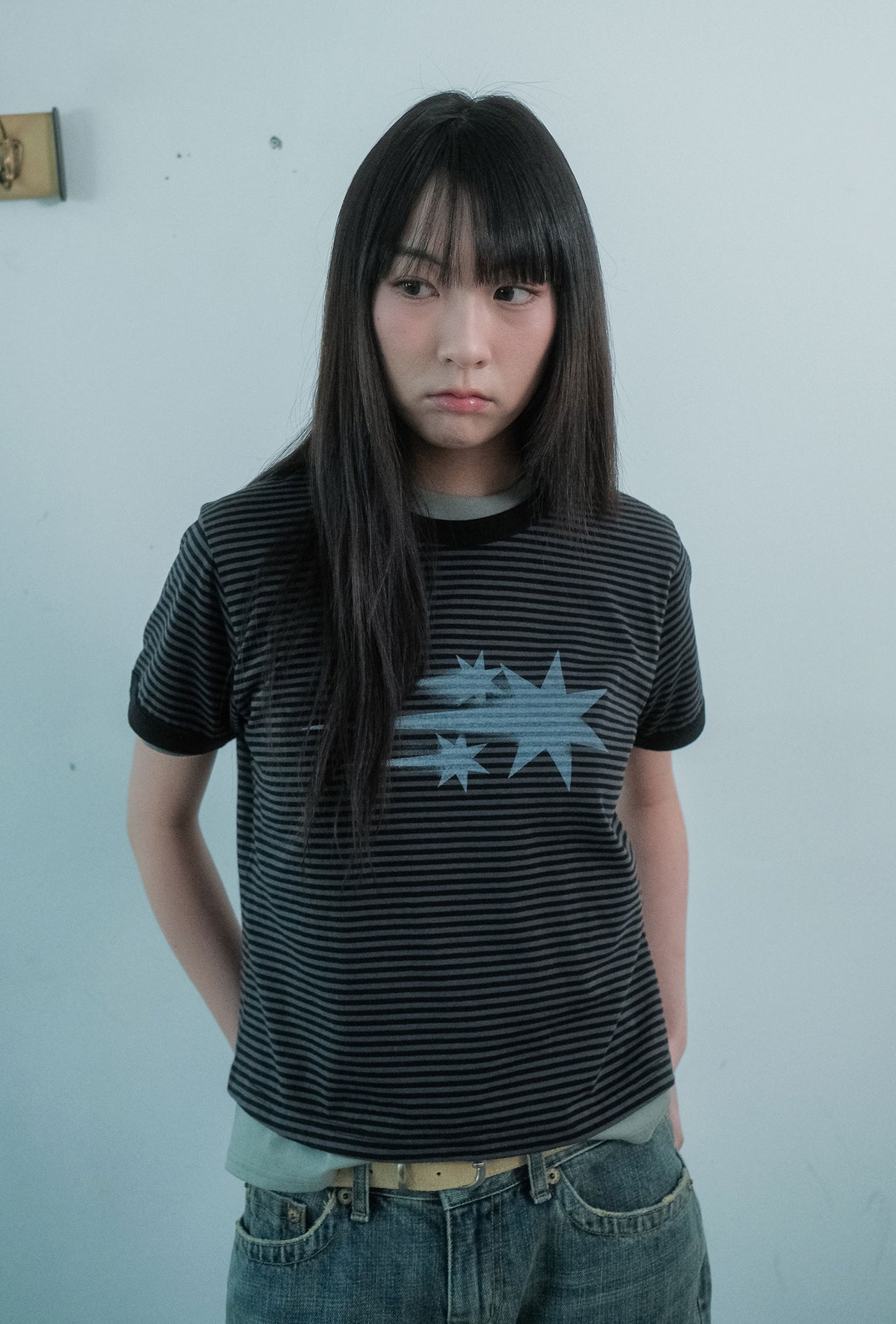 NICEGHOSTCLUB - STRIPE RUSH 3STAR RINGER CROP TEE 條紋短版T恤 [黑色] T-N226