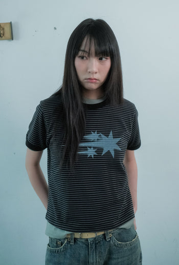 NICEGHOSTCLUB - STRIPE RUSH 3STAR RINGER CROP TEE 條紋短版T恤 [黑色] T-N226