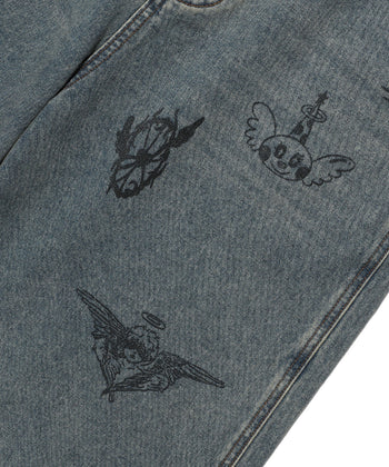 NICEGHOSTCLUB -BIG WIDE BERMUDA DOODLE DENIM PANTS 塗鴉短褲 [藍色] P-N156
