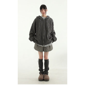 正韓寬鬆麻花暖手連帽針織外套